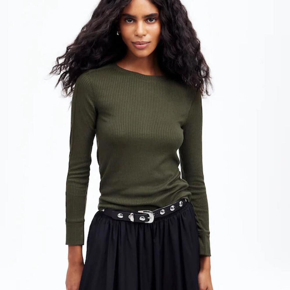 Madewell Ribbed Crewneck Long Sleeve Top XS Mossy Umber Olive Green Soft Knit